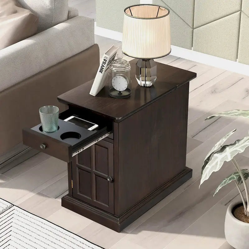 Classic Vintage Living Room End Table Side Table with USB Ports and One Multifunctional Drawer with Cup Holders 10