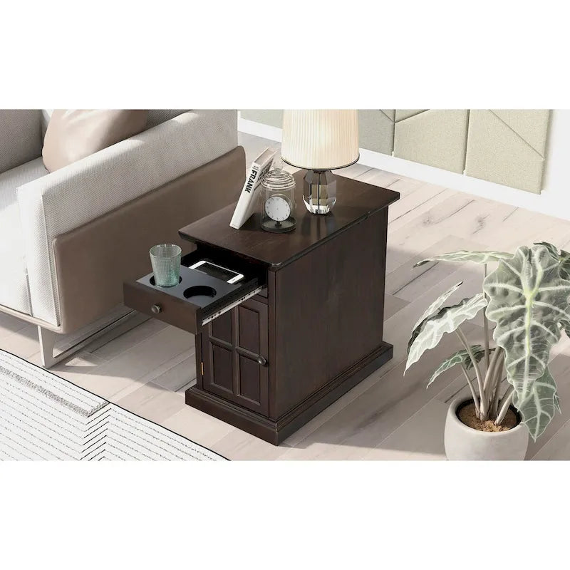 Classic Vintage Living Room End Table Side Table with USB Ports and One Multifunctional Drawer with Cup Holders 12