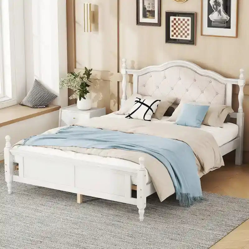 Queen Size Bed with Upholstered Headboard and Footboard, with Two Bed Rail Support Feet and Central Platform Support Feet 17