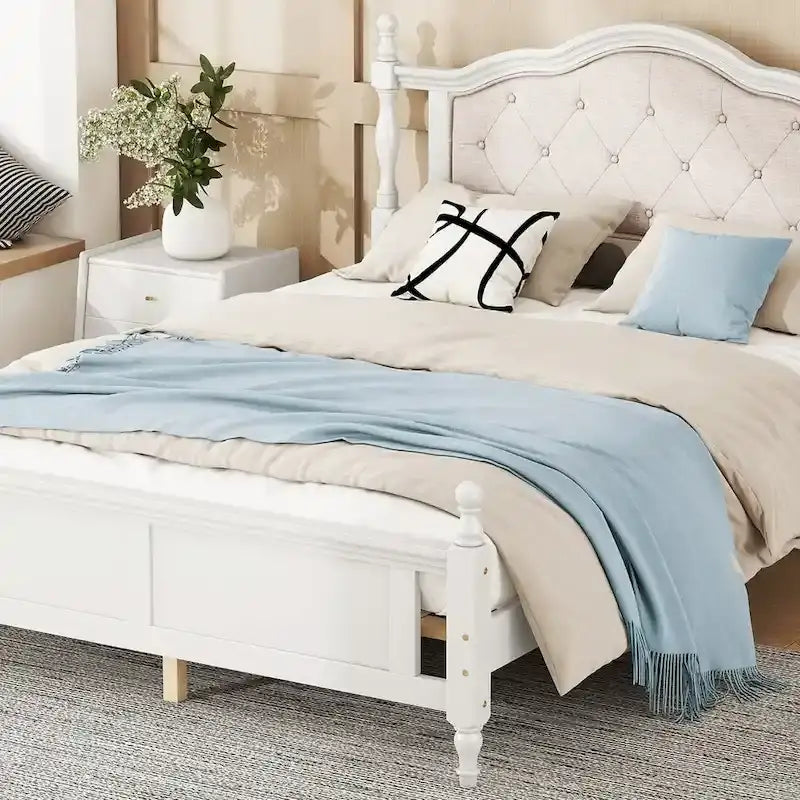 Queen Size Bed with Upholstered Headboard and Footboard, with Two Bed Rail Support Feet and Central Platform Support Feet 2