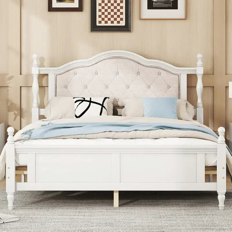 Queen Size Bed with Upholstered Headboard and Footboard, with Two Bed Rail Support Feet and Central Platform Support Feet 3