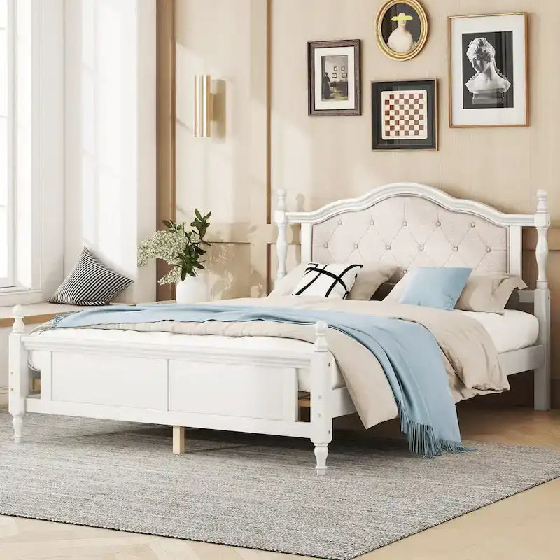 Queen Size Bed with Upholstered Headboard and Footboard, with Two Bed Rail Support Feet and Central Platform Support Feet 4