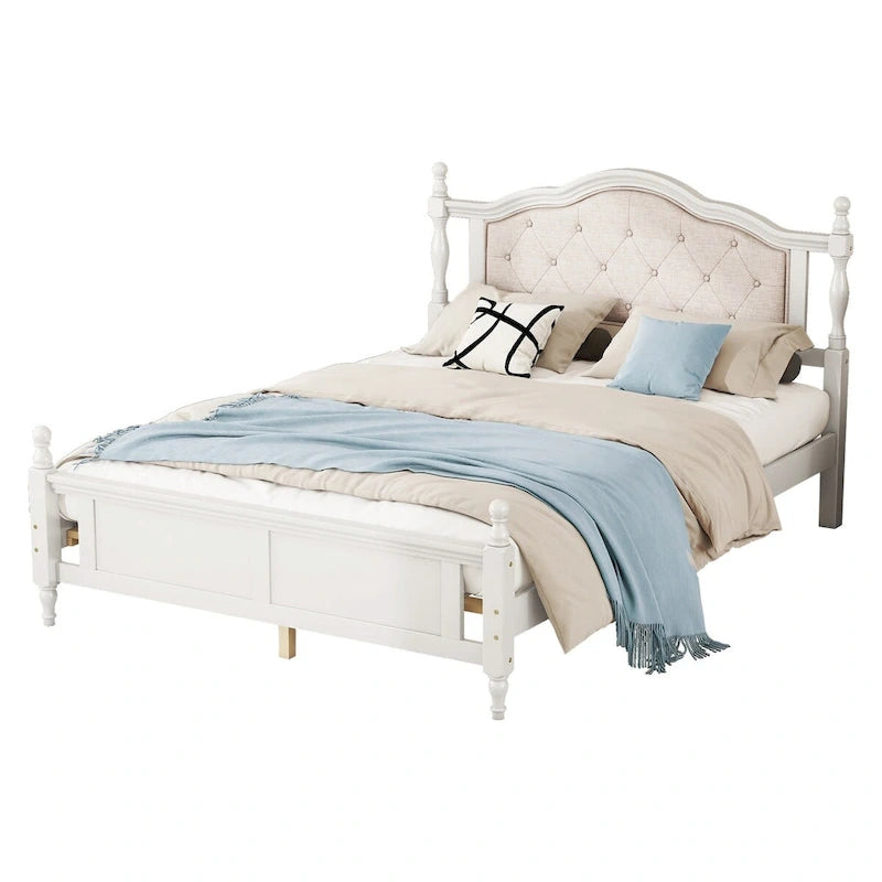 Queen Size Bed with Upholstered Headboard and Footboard, with Two Bed Rail Support Feet and Central Platform Support Feet 7