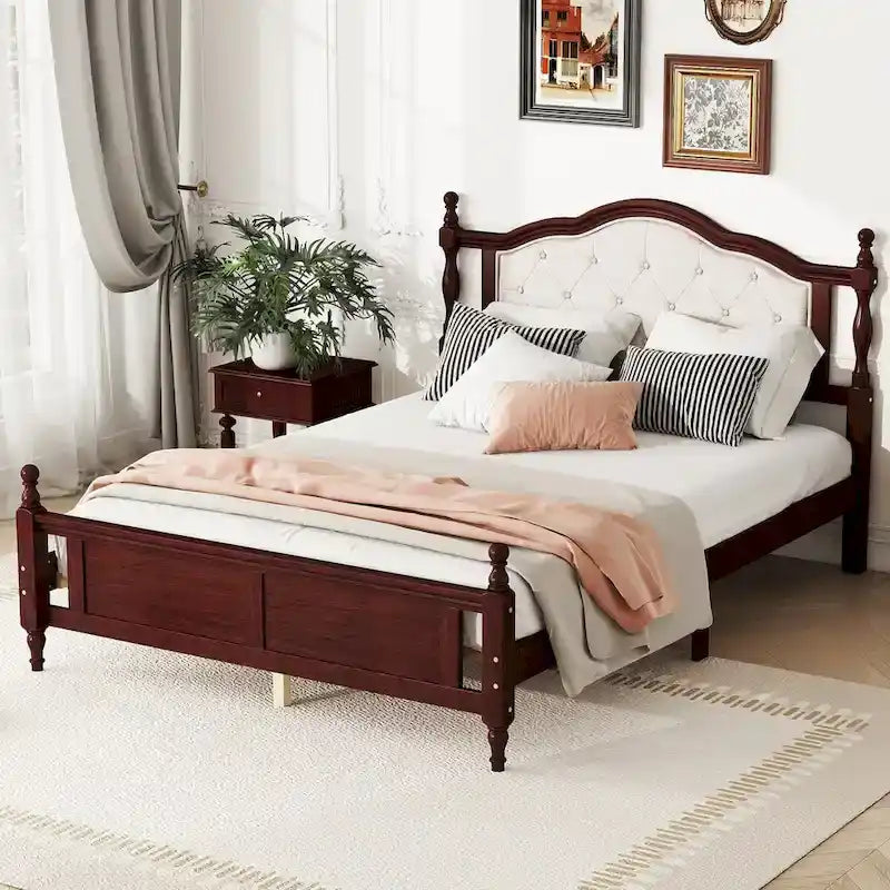 Queen Size Bed with Upholstered Headboard and Footboard, with Two Bed Rail Support Feet and Central Platform Support Feet 11