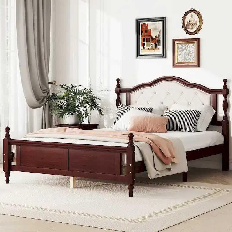 Queen Size Bed with Upholstered Headboard and Footboard, with Two Bed Rail Support Feet and Central Platform Support Feet 12