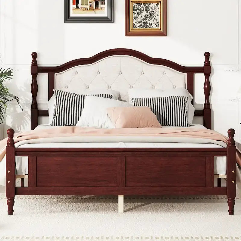 Queen Size Bed with Upholstered Headboard and Footboard, with Two Bed Rail Support Feet and Central Platform Support Feet 13