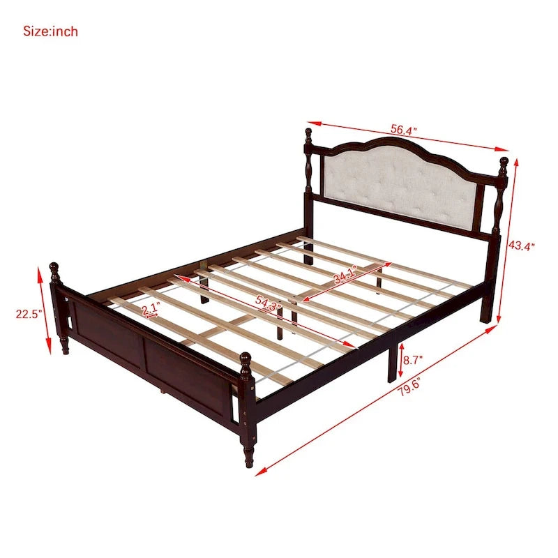 Queen Size Bed with Upholstered Headboard and Footboard, with Two Bed Rail Support Feet and Central Platform Support Feet 14
