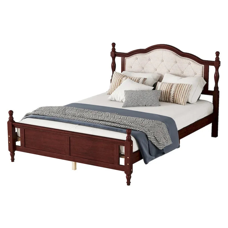 Queen Size Bed with Upholstered Headboard and Footboard, with Two Bed Rail Support Feet and Central Platform Support Feet 15