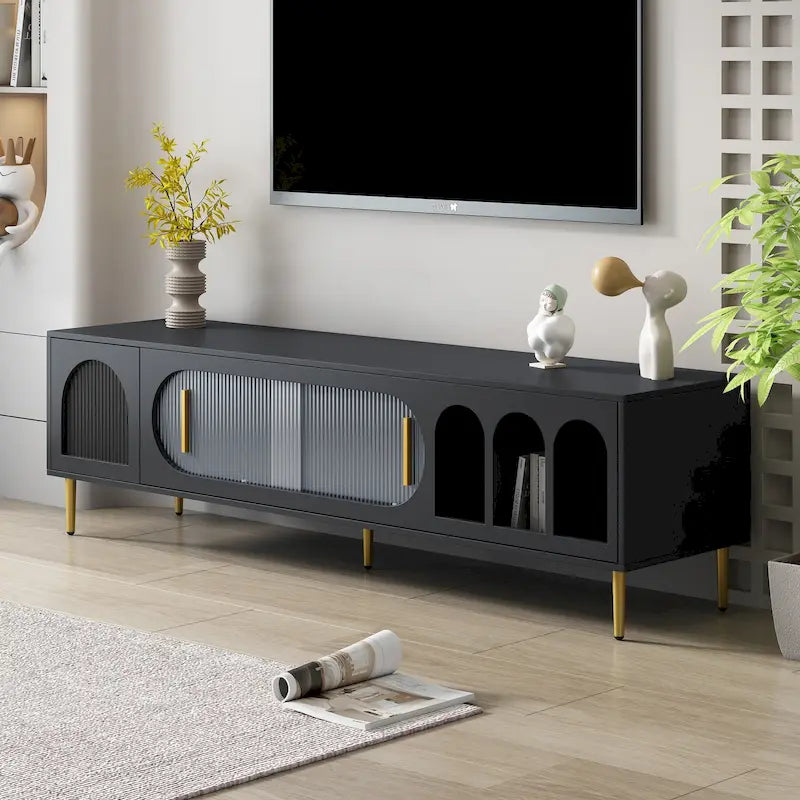 Modern TV Stand for 70+ Inch TV, Entertainment Center TV Media Console Table,with 3 Shelves and 2 Cabinets 9