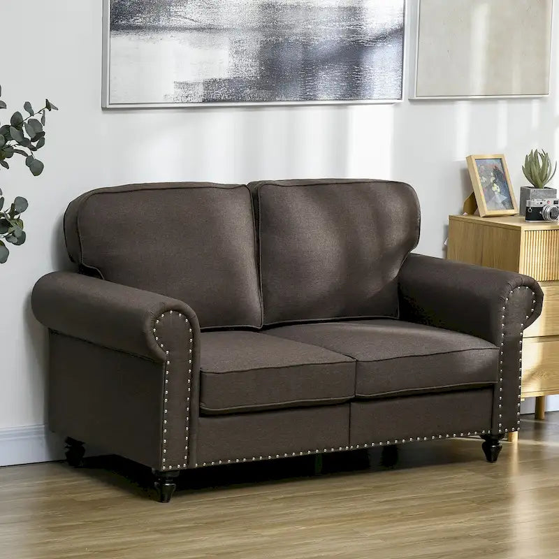 HOMCOM 61 Loveseat Sofa, Mid Century Modern 2 Seater Small Couch with Nailhead Trim, Rolled Arm, Fabric Upholstered Love Seat 17