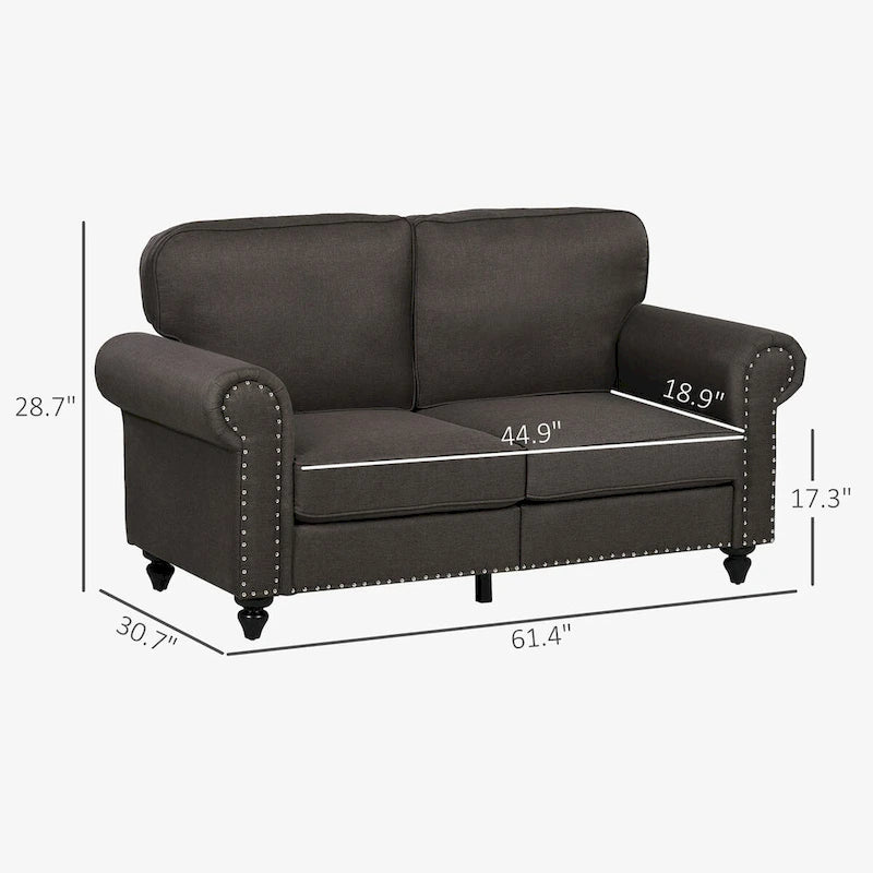 HOMCOM 61 Loveseat Sofa, Mid Century Modern 2 Seater Small Couch with Nailhead Trim, Rolled Arm, Fabric Upholstered Love Seat 3