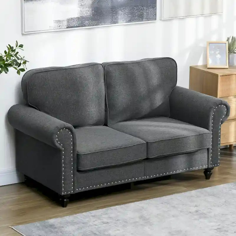 HOMCOM 61 Loveseat Sofa, Mid Century Modern 2 Seater Small Couch with Nailhead Trim, Rolled Arm, Fabric Upholstered Love Seat 9