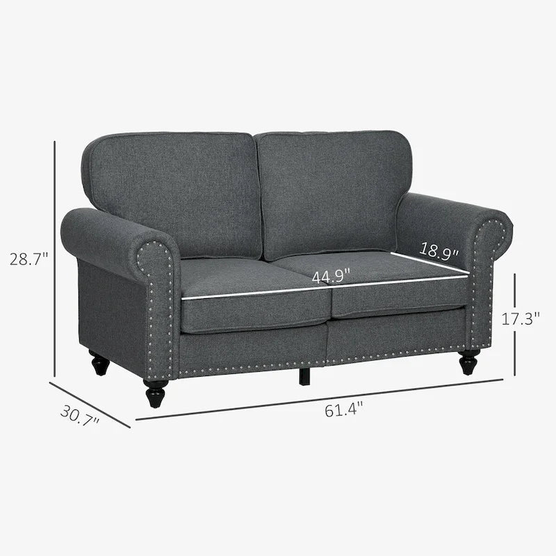 HOMCOM 61 Loveseat Sofa, Mid Century Modern 2 Seater Small Couch with Nailhead Trim, Rolled Arm, Fabric Upholstered Love Seat 11