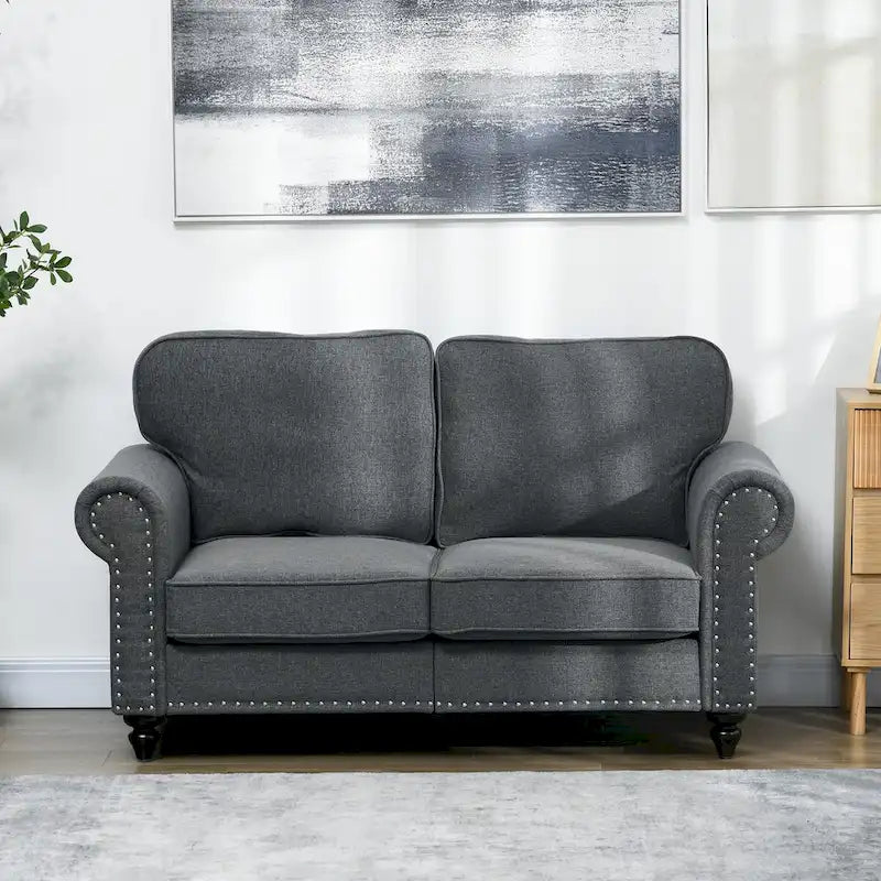 HOMCOM 61 Loveseat Sofa, Mid Century Modern 2 Seater Small Couch with Nailhead Trim, Rolled Arm, Fabric Upholstered Love Seat 14