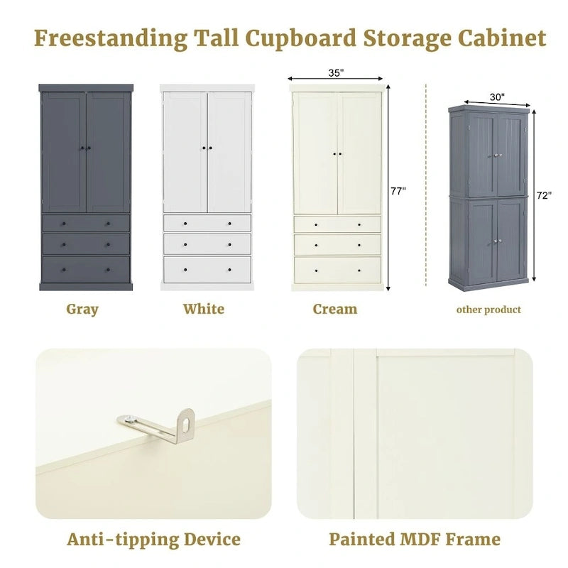 77 Inch Farmhouse Kitchen Pantry, Freestanding Tall Cupboard Storage Cabinet 7