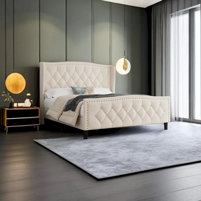 Upholstered Platform Bed With Wingback Headboard