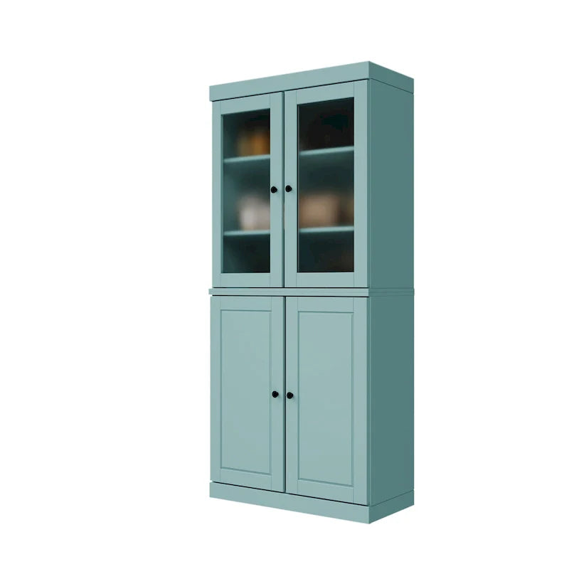 100% Solid Wood Pantry Cabinet with Frosted Glass Doors, Solid Doors, 2-Drawers and Adjustable Shelves 17