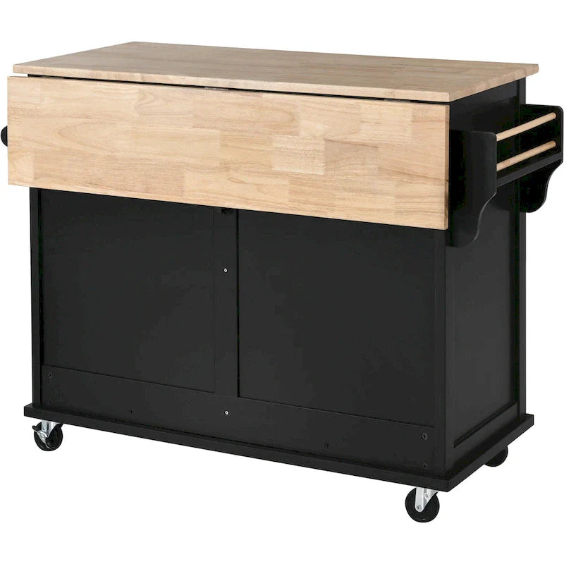 Kitchen Cart with Rubber wood Drop-Leaf Countertop, Concealed sliding barn door adjustable height,Kitchen Island on 4 Wheels 6