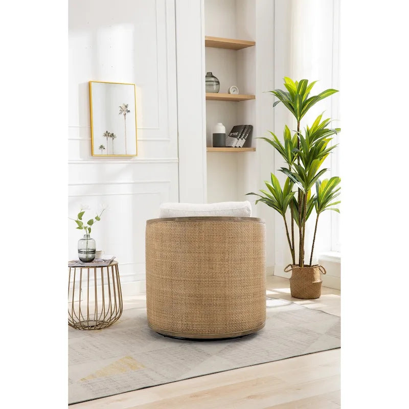 Poltrona a botte girevole, comoda poltrona rotonda d'accento, poltrona club a botte girevole a 360 gradi, poltrona relax con struttura in rattan intrecciato 7
