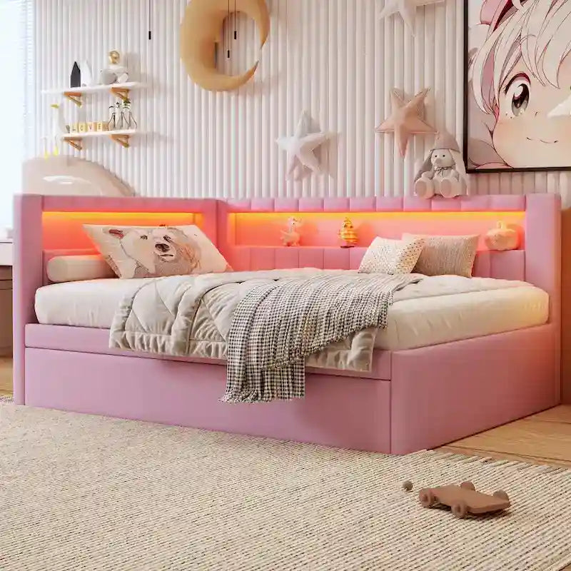 Upholstered Platform Bed with USB Ports & LED Lighting - Full/Twin Size Bed Frame with 2 Storage Drawers - Modern Bedroom 13