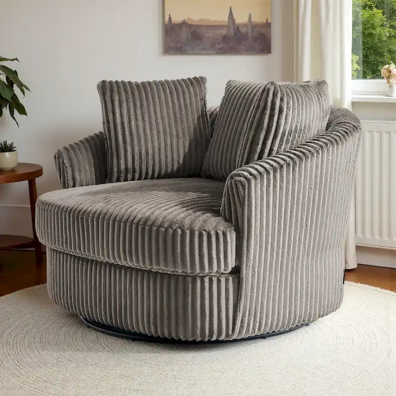 Oversized 43 W Plush Corduroy Recessed Arm Swivel Barrel Chair 5