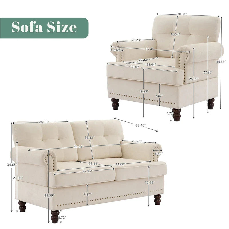 Set of 3 Chenille Sofa Set for Living Room, Button-Tufted & Nailhead Upholstery, Solid Rubberwood Legs 29