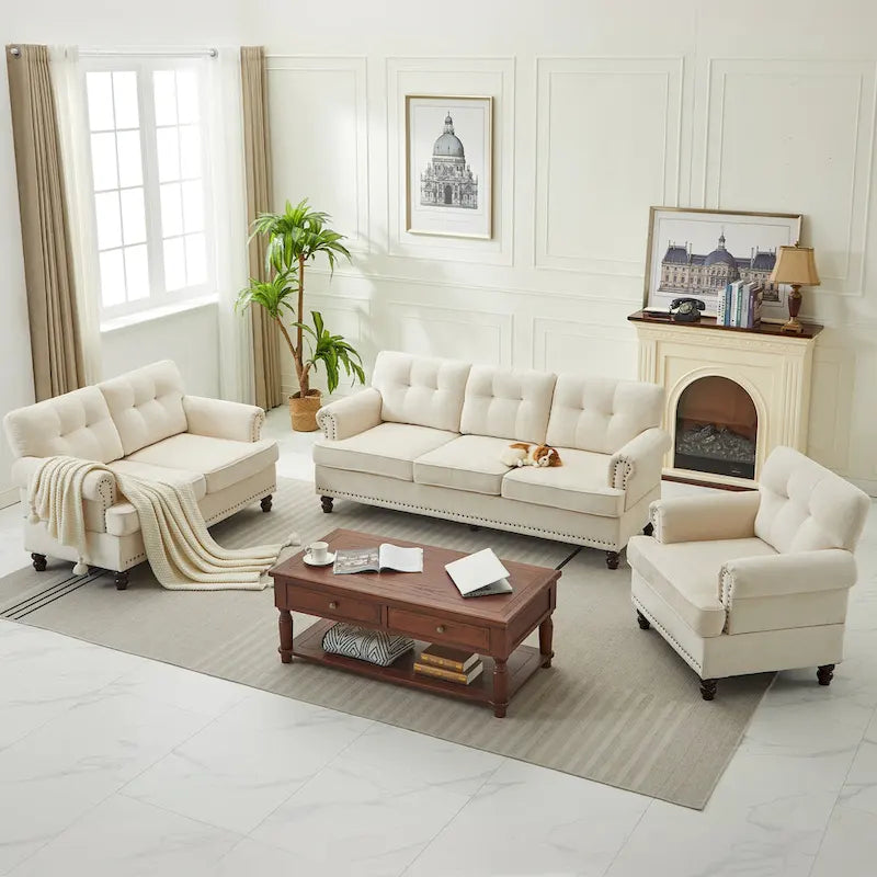 Set of 3 Chenille Sofa Set for Living Room, Button-Tufted & Nailhead Upholstery, Solid Rubberwood Legs 7