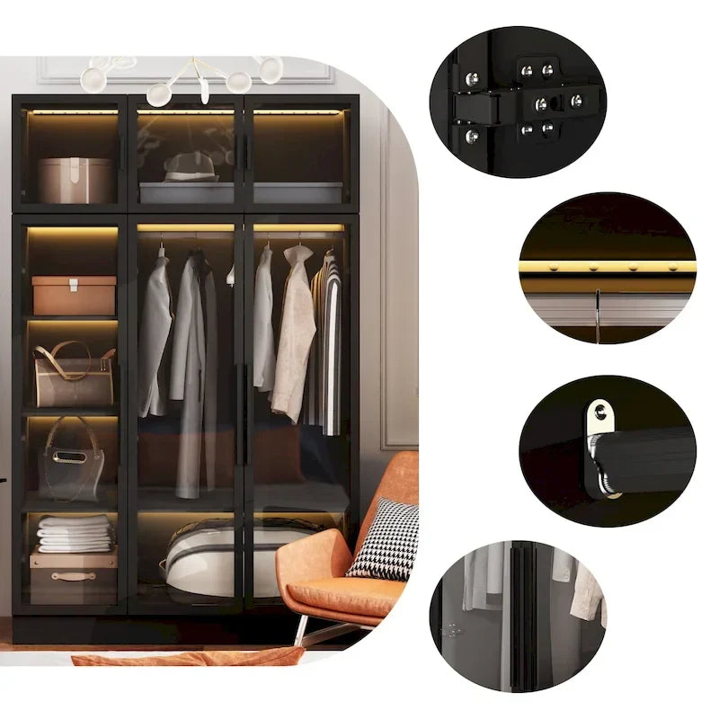 47.2 Wide Armoire LED Light All Glass Door Closet Cabinet Wardrobe 8