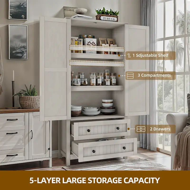 64 Farmhouse Tall Kitchen Pantry Storage Cabinet with 2 Drawers & Doors 14