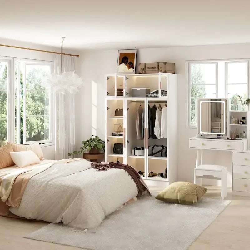 47.2 Wide Armoire LED Light All Glass Door Closet Cabinet Wardrobe 18