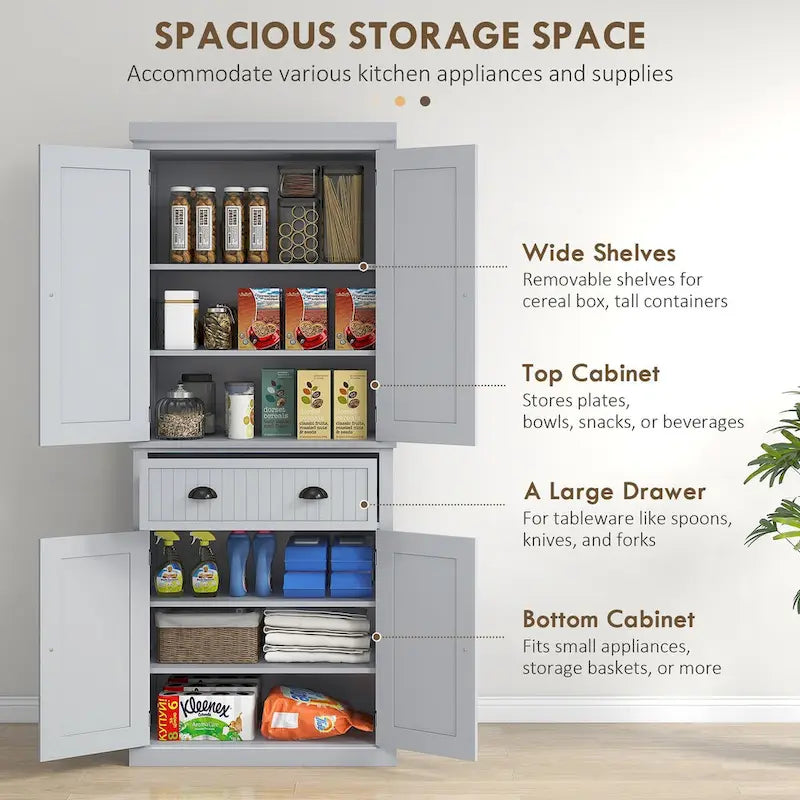 72 Kitchen Pantry Storage Cabinet, Traditional Freestanding Cabinet with 4 Doors and 3 Adjustable Shelves, Large Central Drawer 7