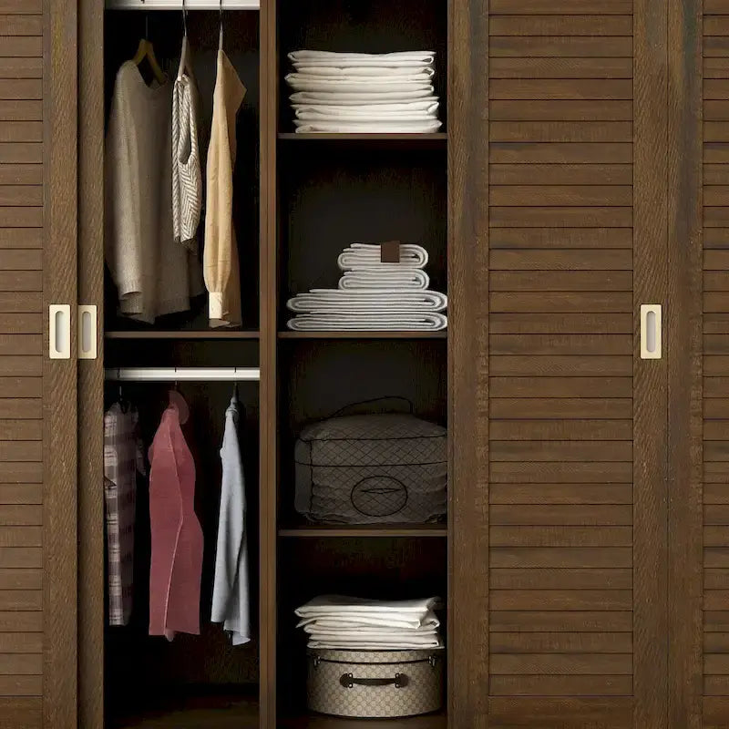 Brown Wardrobe Armoire with Drawers, Hanging Rod 4 Sliding Doors 10