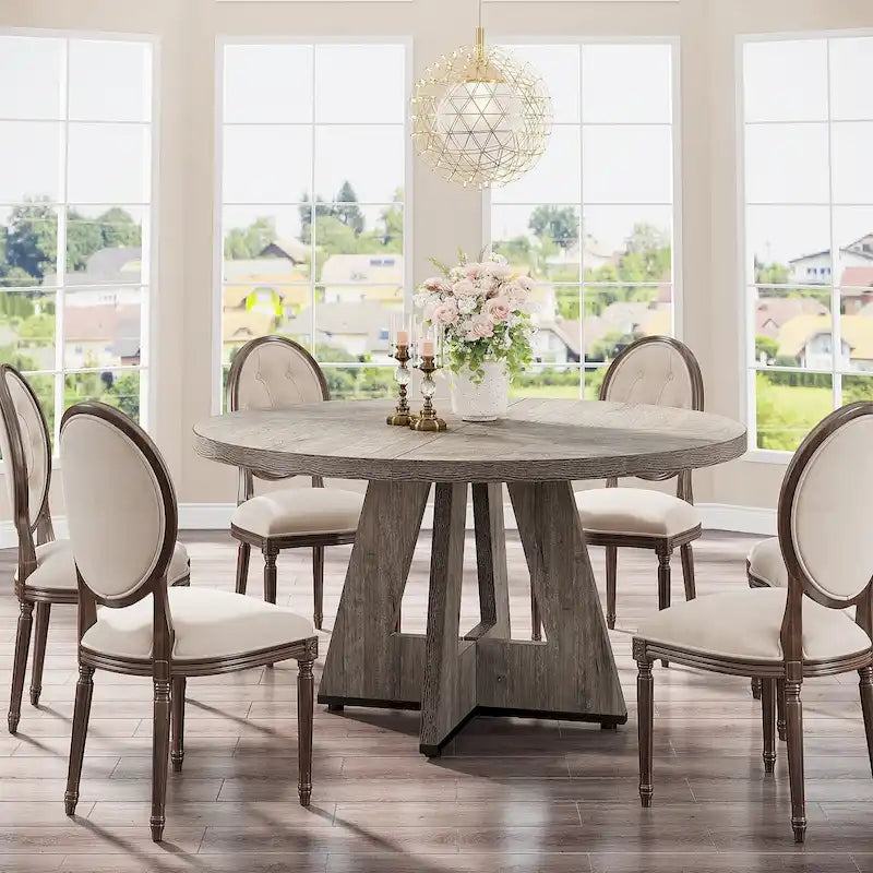 47 Inch Round Dining Table for 4, Wood Farmhouse Dinner Dinning Table for Kitchen Dining Living Room 35