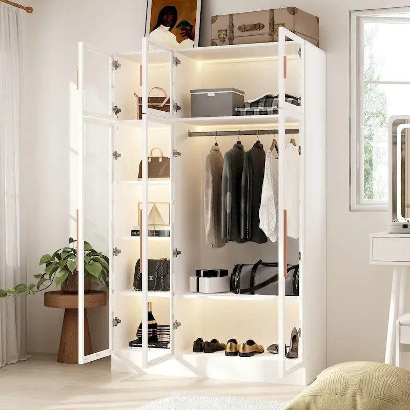 47.2 Wide Armoire LED Light All Glass Door Closet Cabinet Wardrobe 33