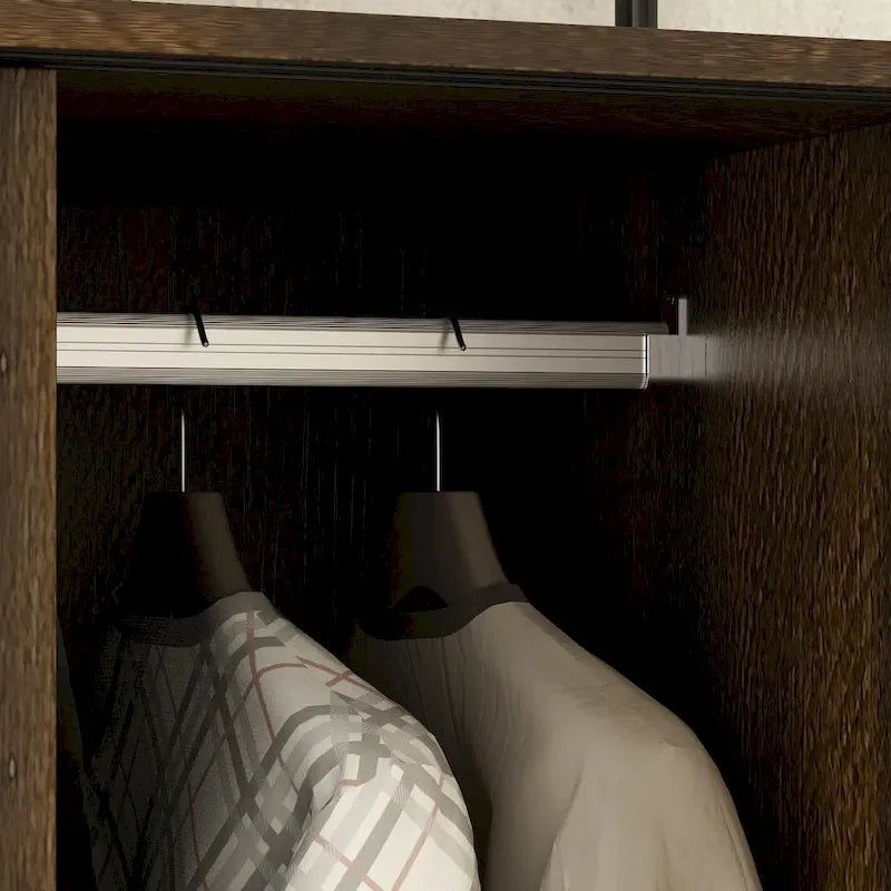 Brown Wardrobe Armoire with Drawers, Hanging Rod 4 Sliding Doors 11