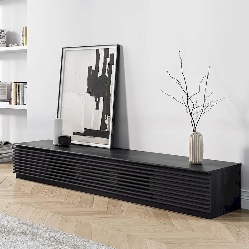 Minimalist TV Stand with DrawersSolid Wood Media Console with Cabinets, Flip-down Door, Walnut Veneer, Fully-Assembled 19