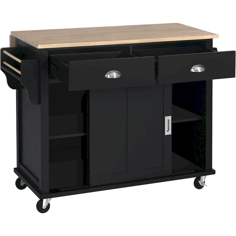 Kitchen Cart with Rubber wood Drop-Leaf Countertop, Concealed sliding barn door adjustable height,Kitchen Island on 4 Wheels 5