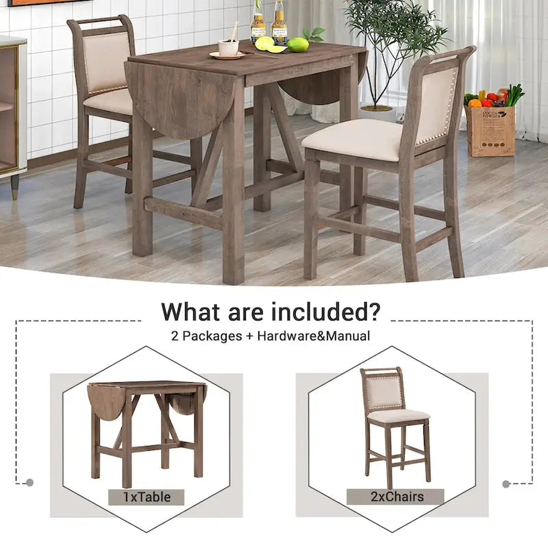 Set da 3 Pezzi Tavolo da Pranzo a Foglia Cadente a Altezza Bancone in Legno 12