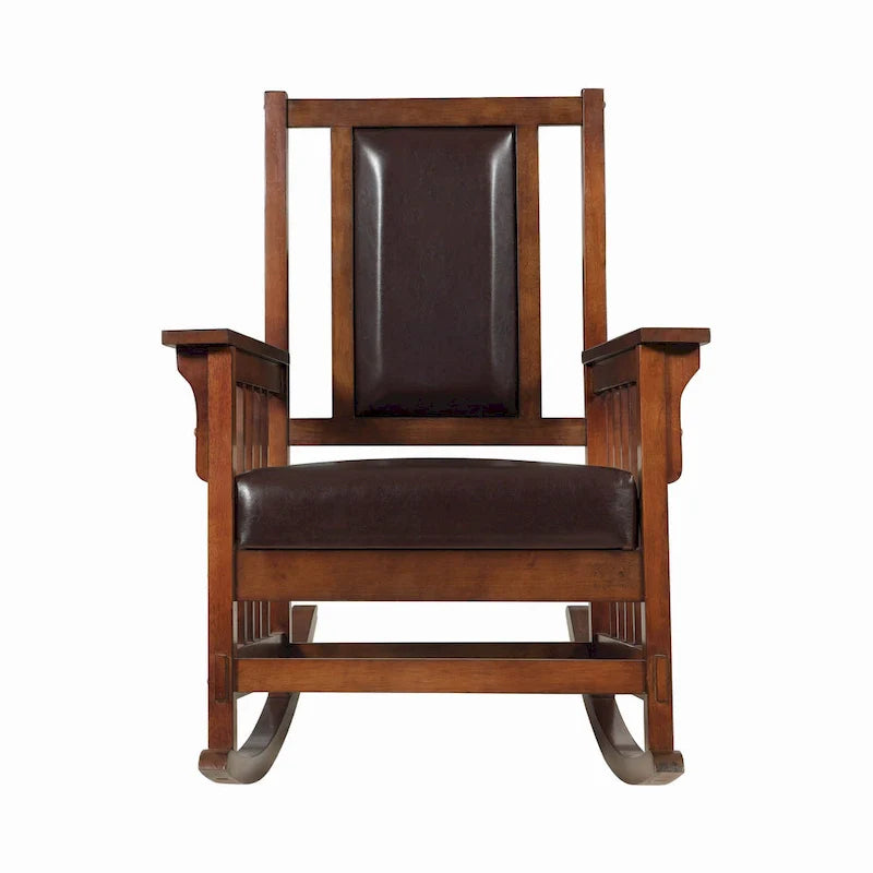 Mission Style Rocking Chair, Leather Upholstered Seat & Back, Tobacco and Dark Brown 3