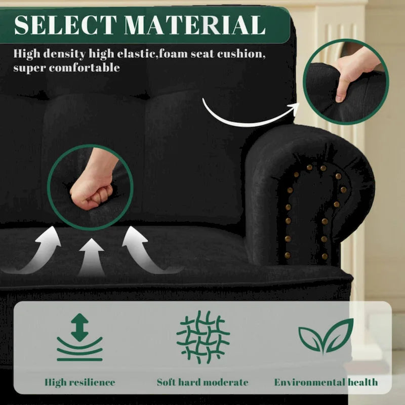 Set of 3 Chenille Sofa Set for Living Room, Button-Tufted & Nailhead Upholstery, Solid Rubberwood Legs 22