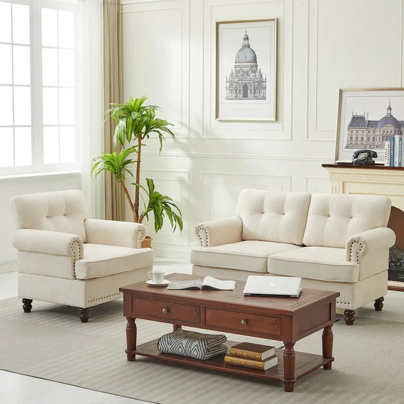 Set of 3 Chenille Sofa Set for Living Room, Button-Tufted & Nailhead Upholstery, Solid Rubberwood Legs 26