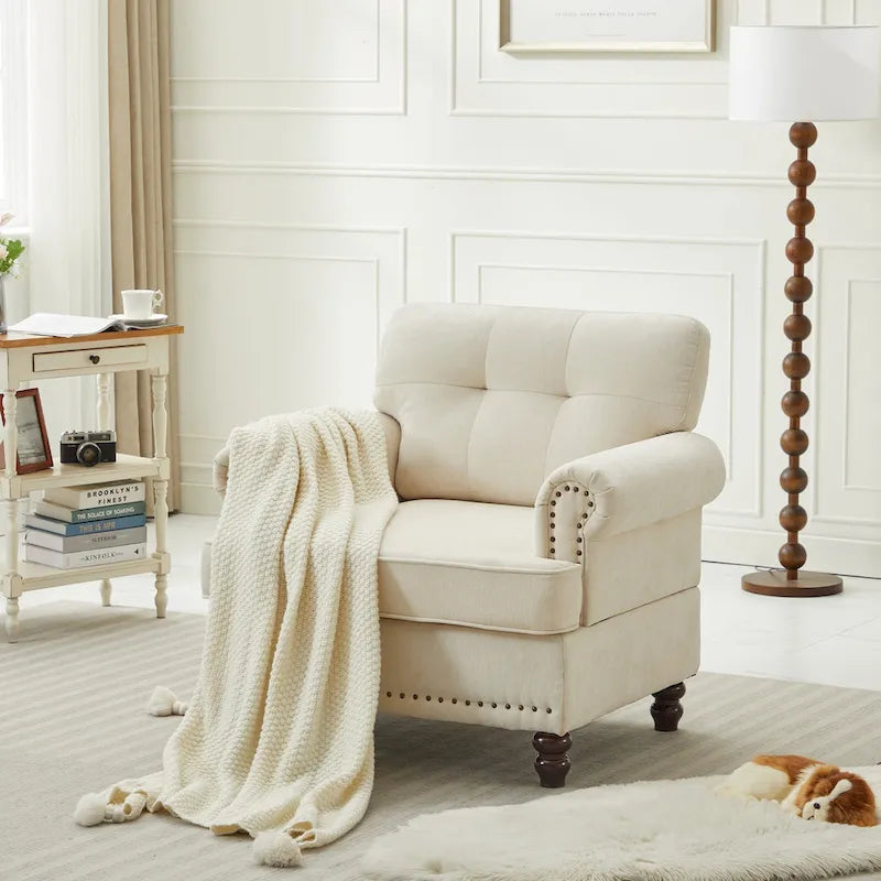 Set of 3 Chenille Sofa Set for Living Room, Button-Tufted & Nailhead Upholstery, Solid Rubberwood Legs 28