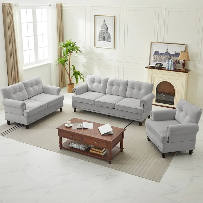 Set of 3 Chenille Sofa Set for Living Room, Button-Tufted & Nailhead Upholstery, Solid Rubberwood Legs 4