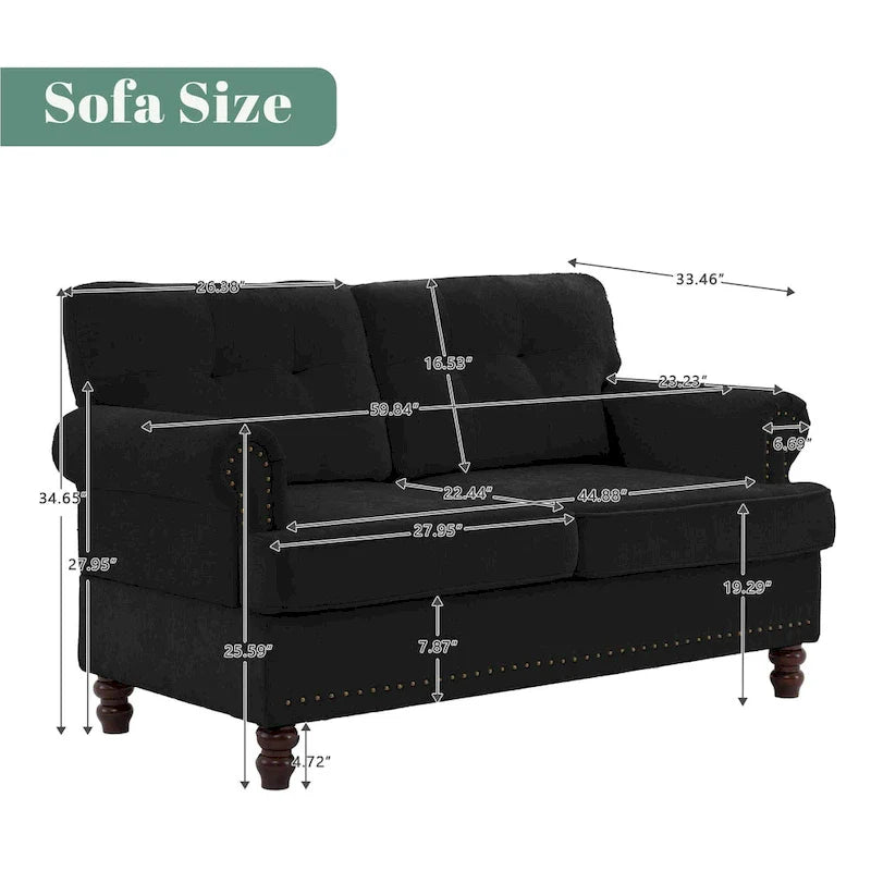 Set of 3 Chenille Sofa Set for Living Room, Button-Tufted & Nailhead Upholstery, Solid Rubberwood Legs 24