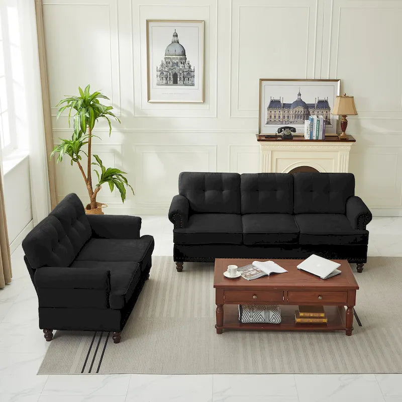 Set of 3 Chenille Sofa Set for Living Room, Button-Tufted & Nailhead Upholstery, Solid Rubberwood Legs 37