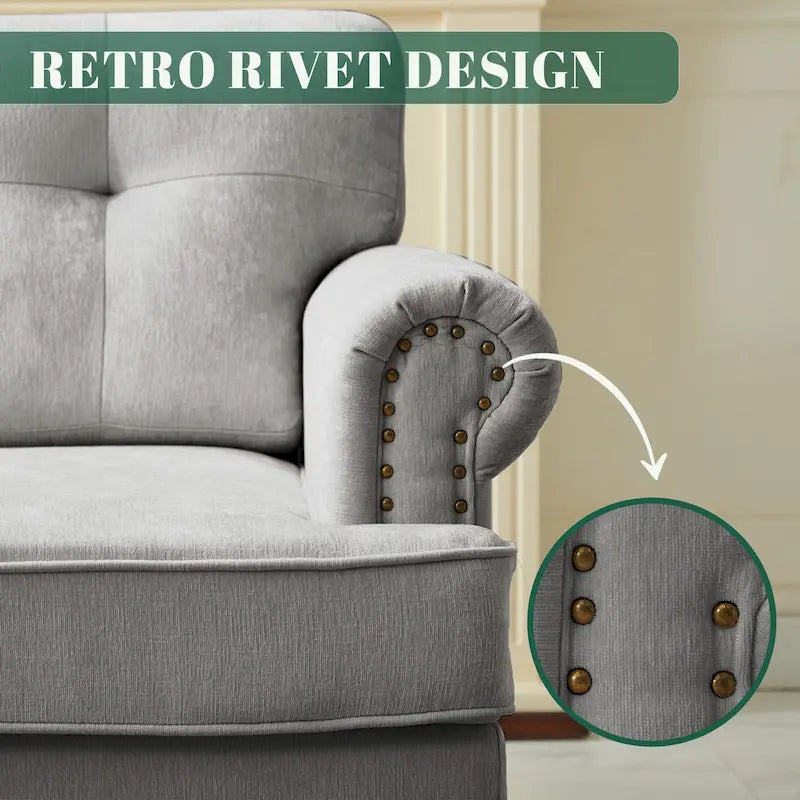 Set of 3 Chenille Sofa Set for Living Room, Button-Tufted & Nailhead Upholstery, Solid Rubberwood Legs 34