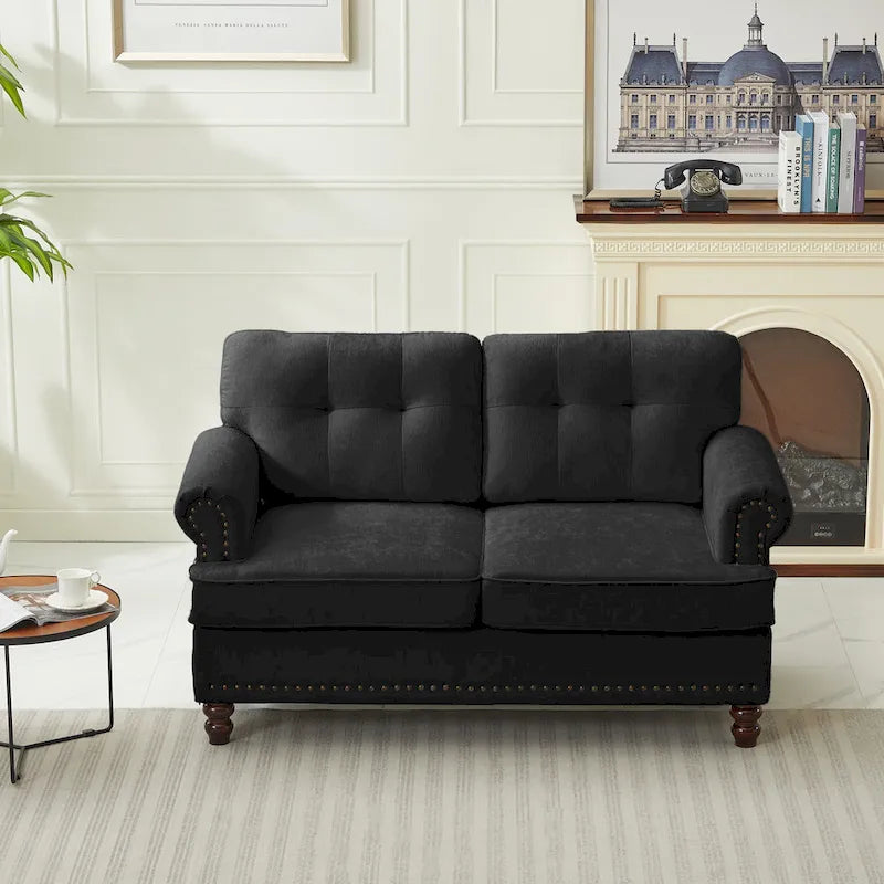 Set of 3 Chenille Sofa Set for Living Room, Button-Tufted & Nailhead Upholstery, Solid Rubberwood Legs 19