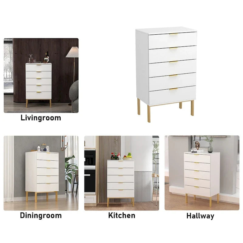 5 Drawer Dresser Chest End Table Storage Cabinet 23.6 W White/Back 21