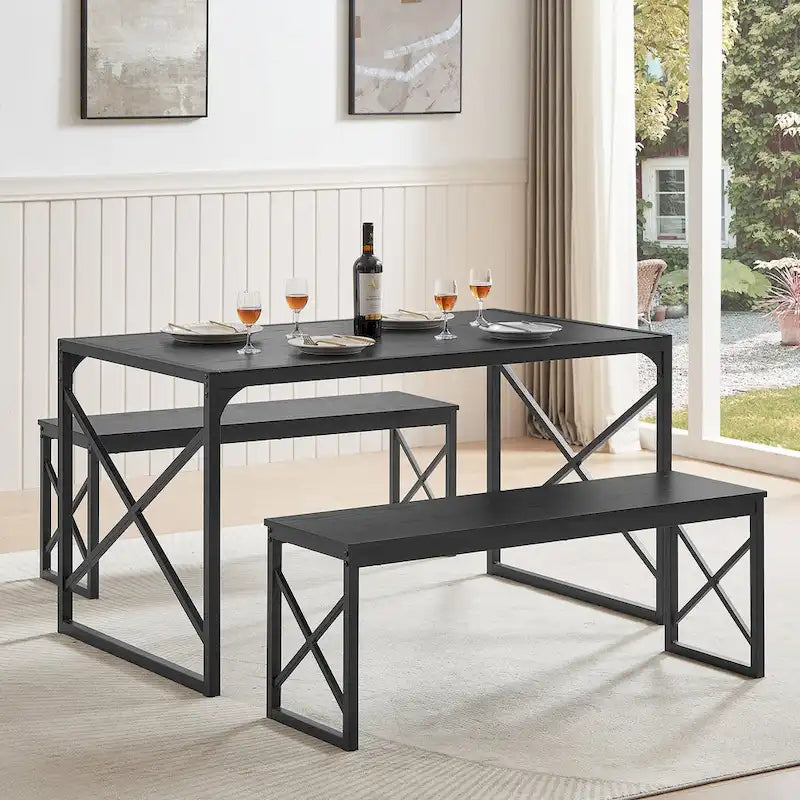 VECELO Tavolo da Pranzo 3 Pezzi con Panca, Set Tavolo da Pranzo per 4-6 Posti, Tavolo da Cucina con 2 Panche, Set Tavolo da Pranzo 12