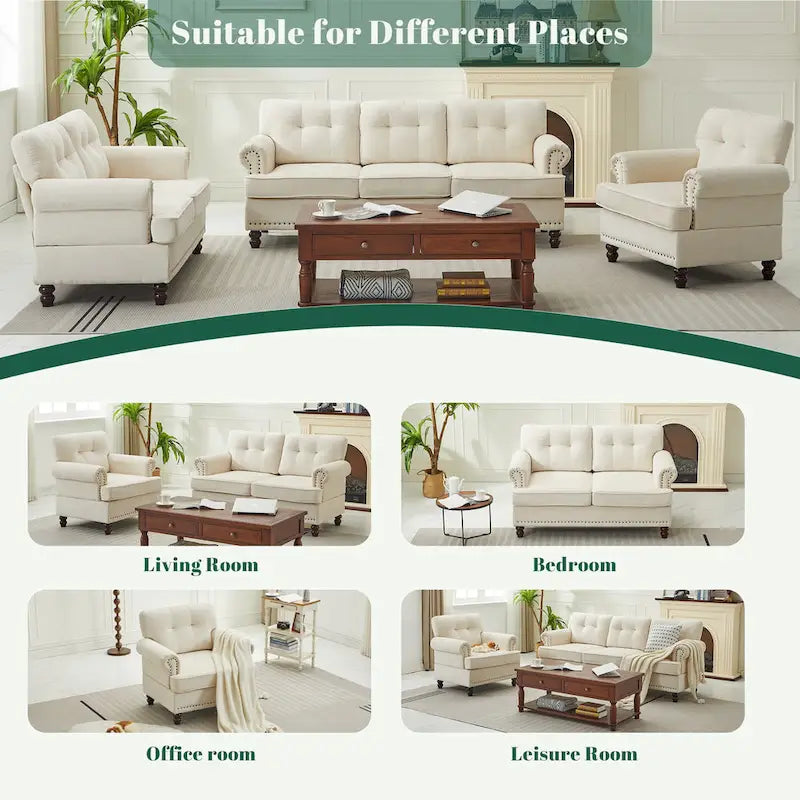 Set of 3 Chenille Sofa Set for Living Room, Button-Tufted & Nailhead Upholstery, Solid Rubberwood Legs 18